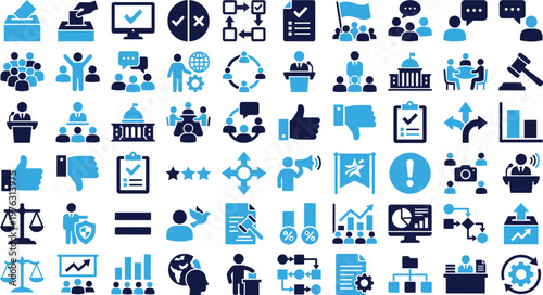Collection of blue and navy icons representing politics and government.