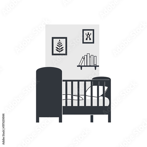Modern Minimalist Baby Nursery Interior with Crib Vector Illustration