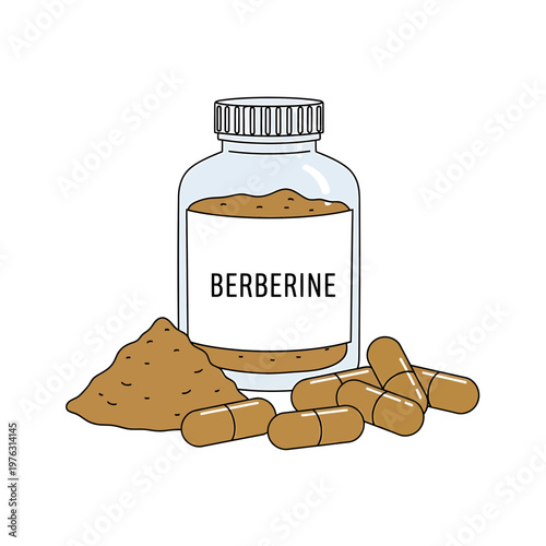 Berberine herbal supplement bottle capsules and powder illustration