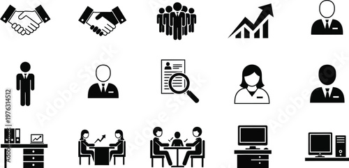 A versatile icon set illustrating core human resources, recruitment, and business processes for professional development in the workplace