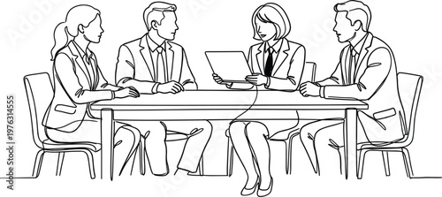 Business team meeting at conference table reviewing documents and laptops representing collaboration planning negotiation and corporate decision making line art illustration