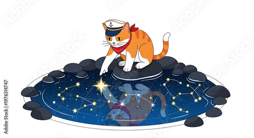 A cartoon cat in a sailor hat is sitting on a rock surrounded by a starry night sky in a vector graphic illustration.