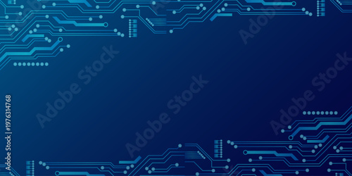 Blue futuristic background with microchip components. Technology frame Blue abstract digital background. Featuring a tech frame built from circuit board lines and microchip elements. 