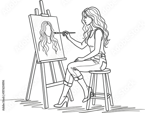 Female artist painting portrait on canvas at easel representing creativity visual arts studio practice and artistic expression line art illustration