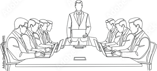 Executive leading boardroom meeting with team using laptops around conference table representing leadership strategy and corporate decision making line art illustration