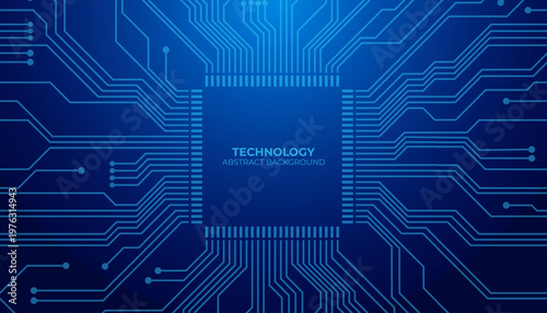 AI chip in technology blue with circuit board components on modern tech background.