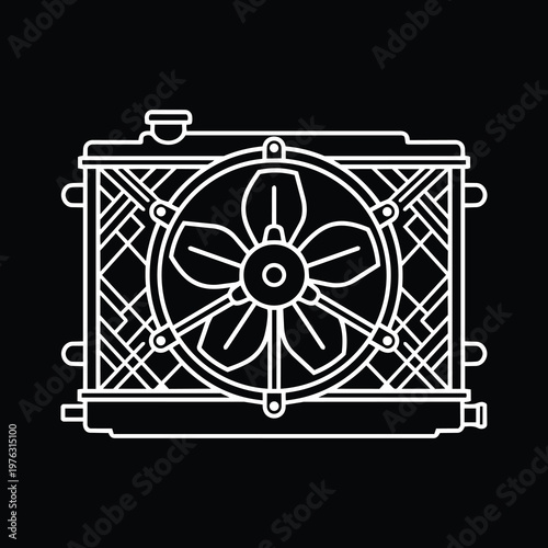 White Line Art Mesh Core Car Radiator and Cooling Fan Vector Icon 