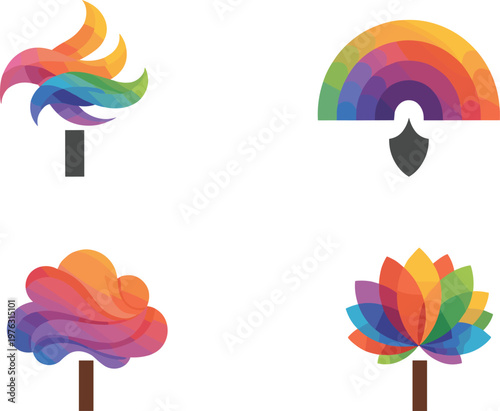 Modern Abstract Colorful Tree Logo Collection Featuring Creative Rainbow Geometric Shapes Vibrant Nature Symbols and Stylized Eco Friendly Vector Design Elements