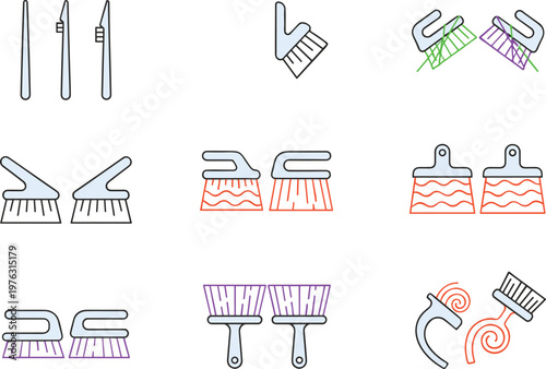 Set of Cleaning Brush Icons and Household Scrubbing Tools Illustrations Including Handheld Scrapers Bristle Brushes and Sanitary Maintenance Equipment Vectors