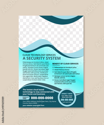 security system installation flyer template. promote your services with this professional flyer template designed for industry experts. combination multicolored blue on vertical layout background.