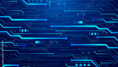 Abstract AI circuit board background. Technology connected blue lines with electronics elements on tech bg. Digital vector illustration