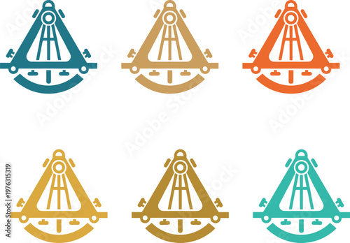 Set of Six Colorful Nautical Sextant Vector Icons Featuring Vintage Maritime Navigation Tools for Marine Exploration and Celestial Sailing Graphics