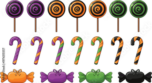 Candy and Lollipop Collection Vector Illustration Set Featuring Colorful Spiral Lollipops Candy Canes and Wrapped Sweets for Dessert Party Design Projects