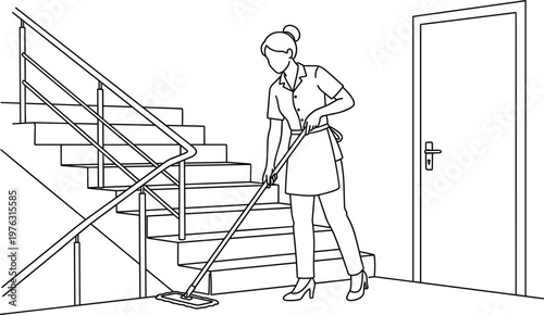 Housekeeper mopping staircase floor near railing and door representing indoor cleaning routine hygiene service and facility maintenance line art illustration
