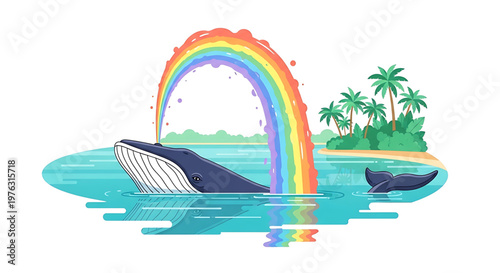 A colorful vector illustration of a whale spouting a rainbow in a tropical ocean scene