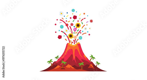 A colorful vector illustration of a volcano erupting with flowers and confetti