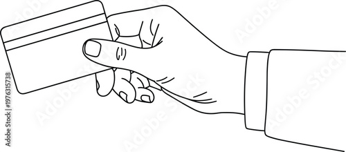 Hand holding bank card in minimal line art style representing cashless payment shopping and secure financial transaction concept illustration