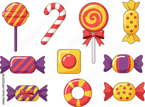 Candy Collection Vector Illustration Set Featuring Colorful Lollipops Candy Canes Wrapped Sweets and Sugar Treats for Dessert Party and Confectionery Design Projects