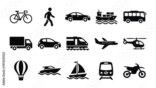 Diverse modes of transportation and travel icons collection