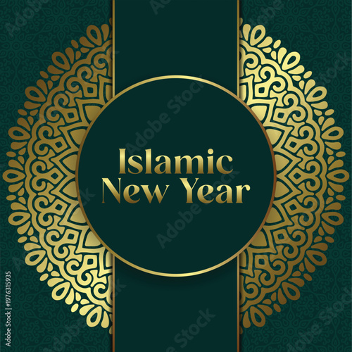 Islamic New Year greeting card with gold mandala, elegant emerald green background for Hijri New Year, luxury gold ornamental frame vector