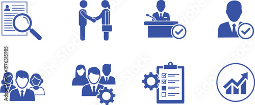 A versatile icon set illustrating core human resources, recruitment, and business processes for professional development in the workplace