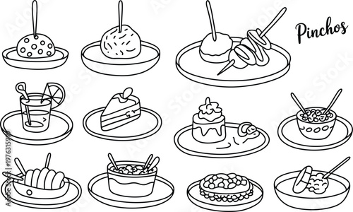 Hand drawn assorted pinchos and tapas snacks, traditional Spanish appetizers, creative culinary sketch vector illustration