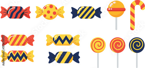 Candy Collection Vector Illustration Set Featuring Colorful Wrapped Candies Lollipops and Sweet Treats for Dessert Party and Confectionery Design Projects
