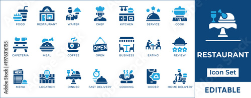 Restaurant food service automation cloud kitchen and fast food delivery vector icon set