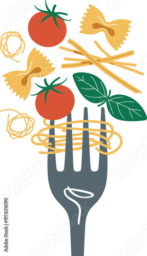 Italian pasta vector illustration with fork, fresh tomatoes, basil leaves and different farfalle shapes