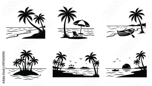 Six tropical island scenes showcasing serene beachside and maritime activities