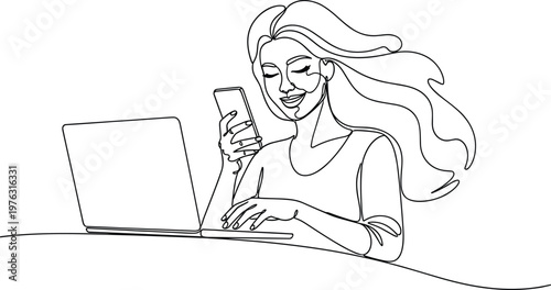 Smiling woman multitasking with smartphone and laptop representing online communication remote work and modern digital lifestyle line art illustration