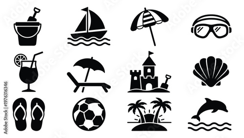 Iconic symbols representing a variety of beach and summer activities