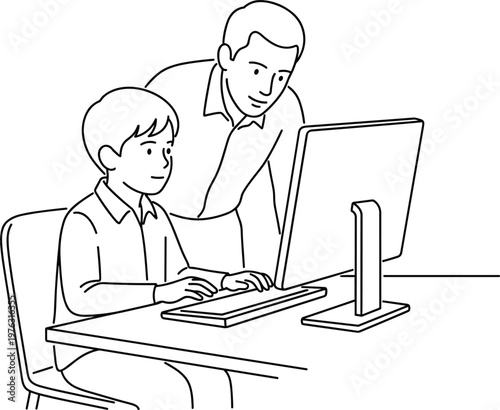 Teacher guiding student using desktop computer in classroom representing learning support education mentorship and digital skill development line art illustration