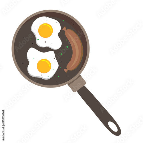 Fried eggs with sausage in a black frying pan top view vector illustration