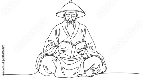 Wise ancient scholar reading book in traditional attire representing knowledge philosophy education and cultural heritage line art illustration