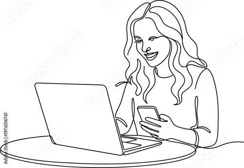 Woman using smartphone and laptop simultaneously representing multitasking digital lifestyle online communication and modern technology usage line art illustration