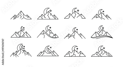Minimalist mountain and moon line art set featuring stars and varying peaks