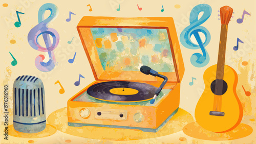 Vintage record player with colorful musical notes and instruments floating around it