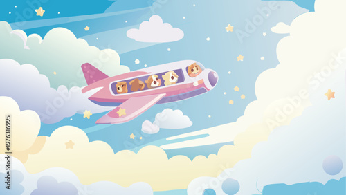 Whimsical cartoon pig floating on fluffy clouds in a dreamy sky