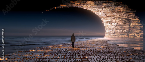 Mid-Autumn Homesickness Arrow Illustration, Letter Light Path, Traveler Silhouette, Hometown Nostalgia for Culture Use
