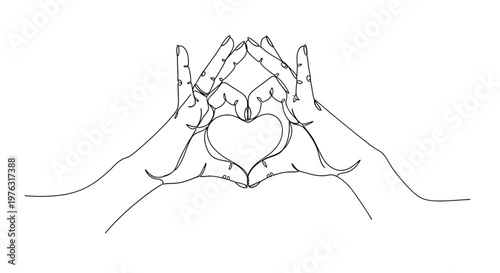 Hands forming a heart shape line drawing with graphic conveys love, support, and positive