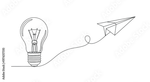 Creative idea and innovation concept with light bulb and paper airplane continuous line art