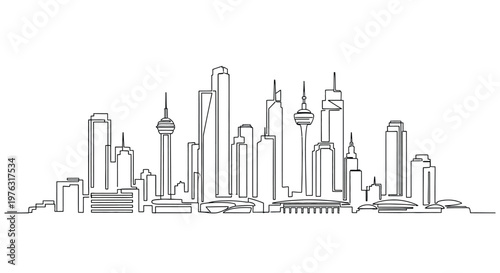 Dynamic modern city skyline continuous line art drawing featuring iconic towers