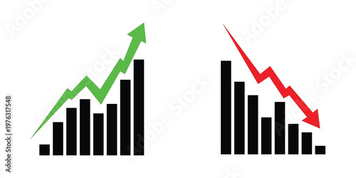 Growth and decline bar chart icon set with upward and downward arrows