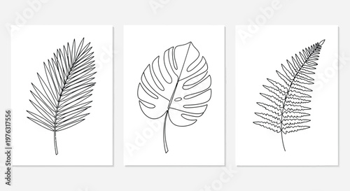 Line art set of tropical leaves, black and white, minimalist wall art