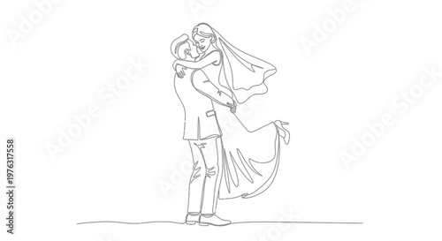 Continuous line drawing of bride and groom embracing, wedding celebration
