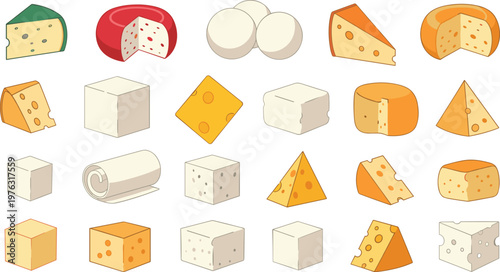 Cheese Collection Vector Illustration Set Featuring Assorted Dairy Cheese Types Including Cubes Wedges Blocks and Wheels for Food and Culinary Design Projects