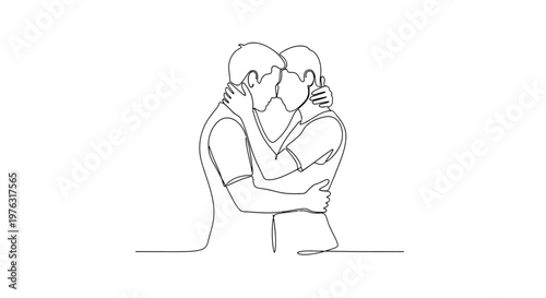 Continuous line drawing of two men kissing, romantic embrace, modern style