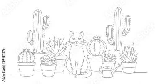 Line art of a cat sitting among potted cacti, minimalist, black and white