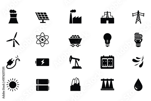 Diverse icons representing various sources and forms of energy production and usage